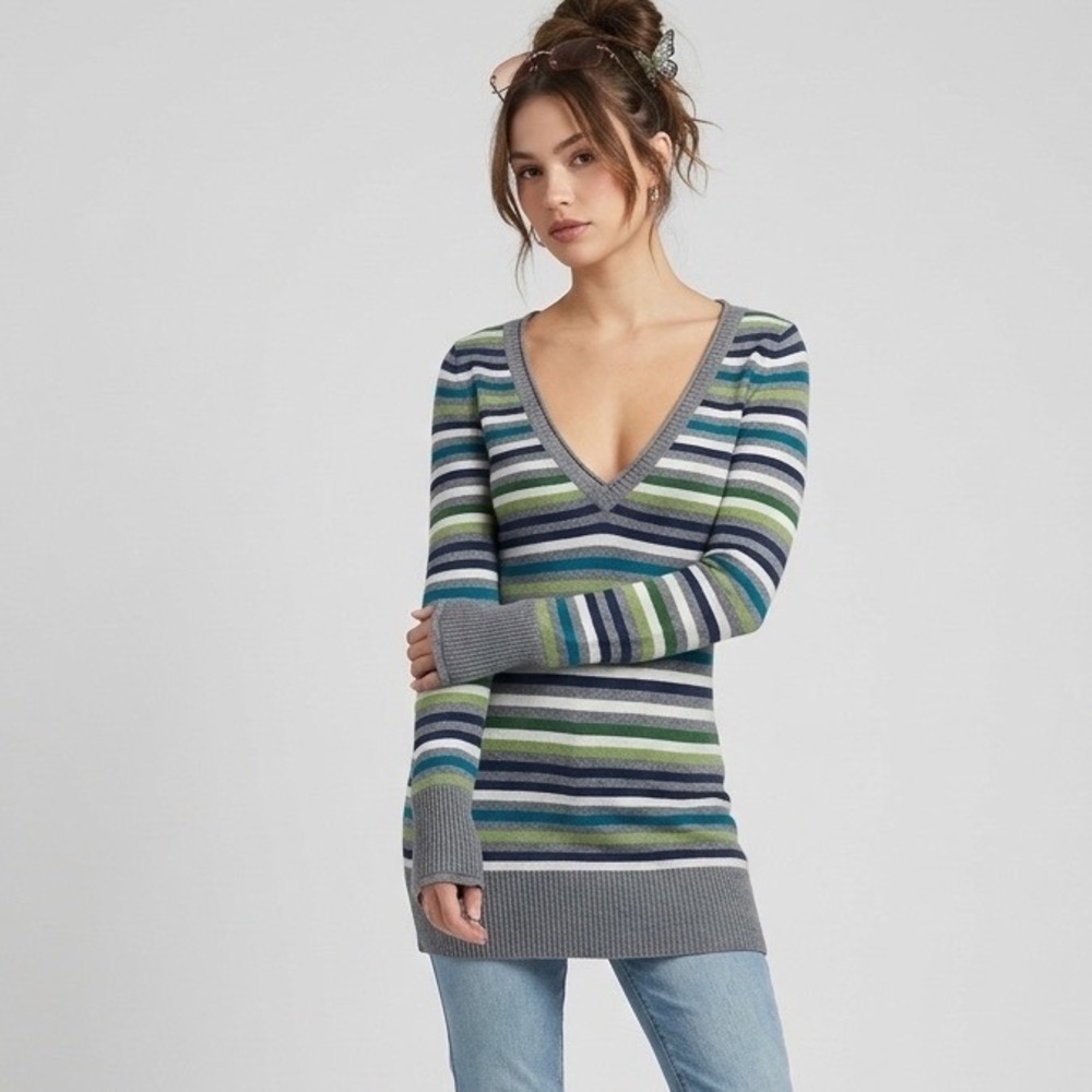 Aeropostale‎ Womens V-Neck Striped Long Sleeve Y2K Indie Long Sweater Sz M Bella
